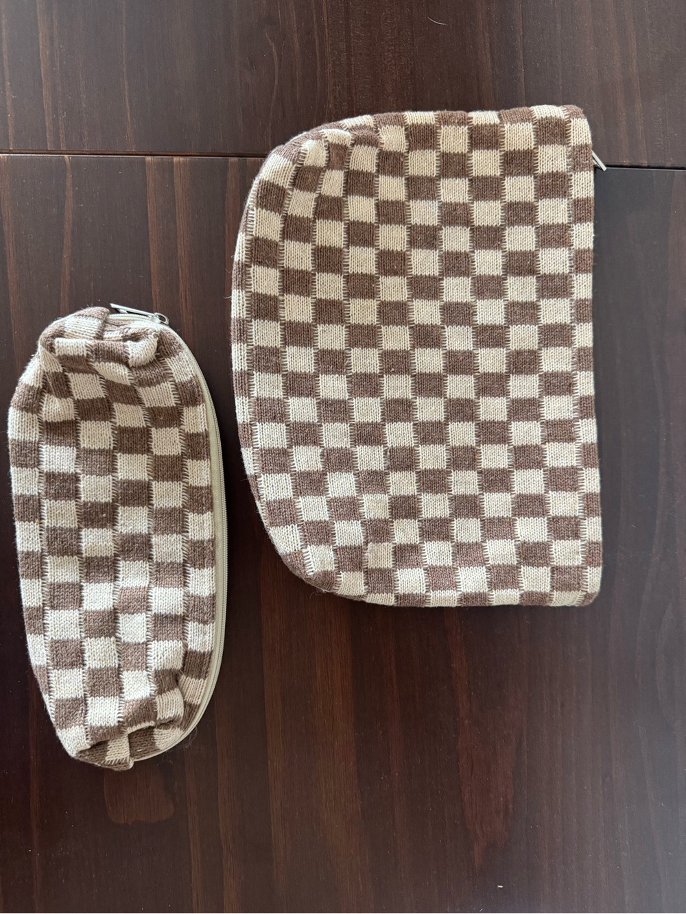 Checkerboard Knit Zip Pouches - Brown & Cream Set